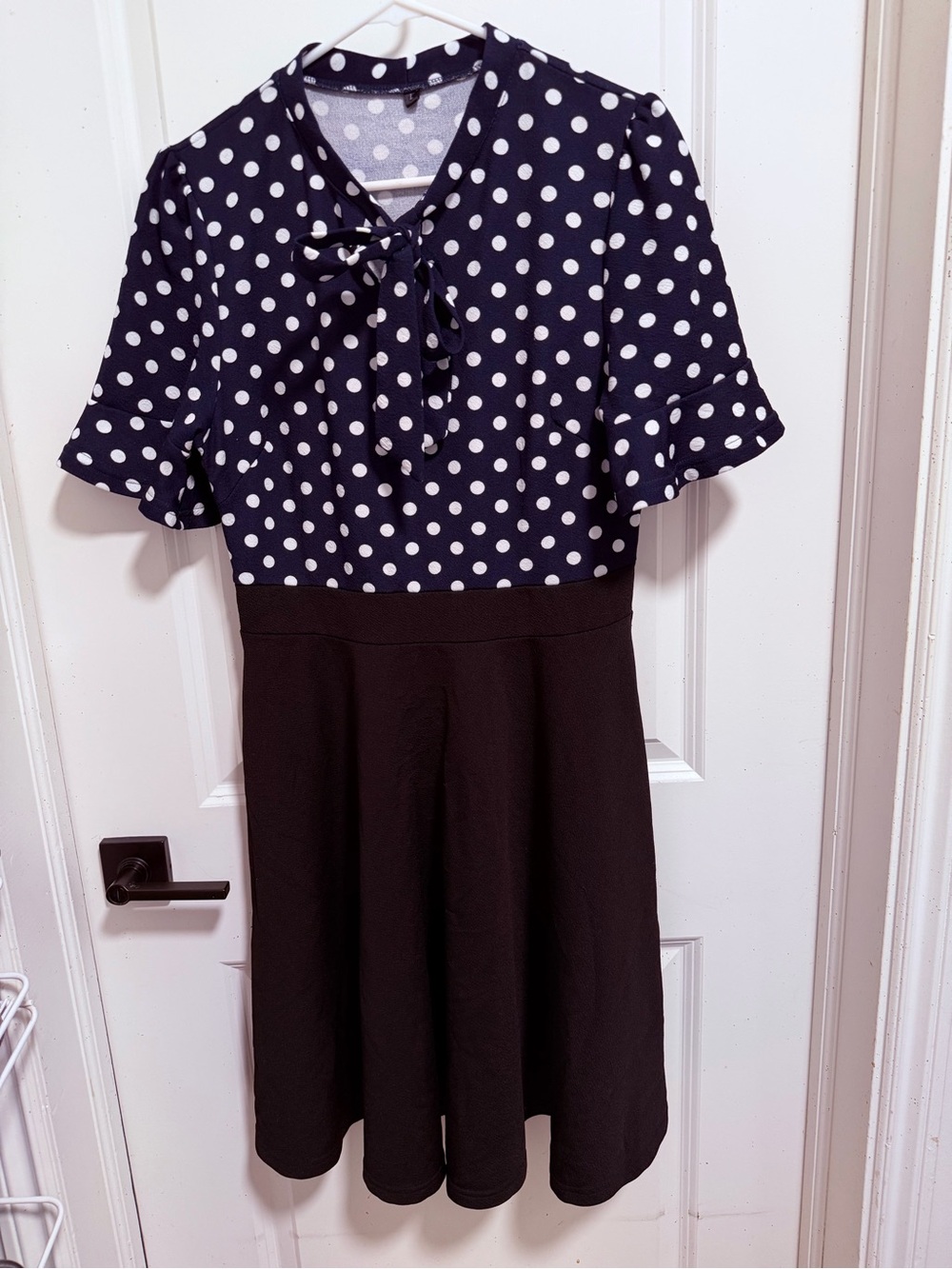 Polka Dot Navy and Black Tie-Neck Fit & Flare Dress